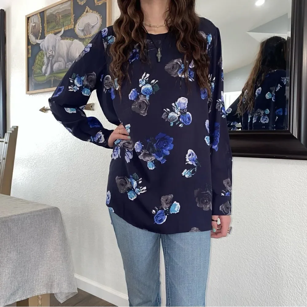 Thakoon Floral Print Round Neck Long Sleeve Pullover Sweatshirt Blue Combo Large - Picture 6 of 9